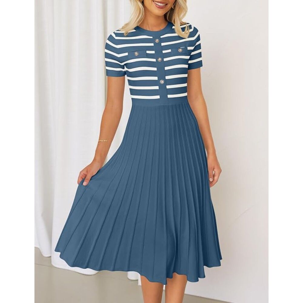 Blue Sz Medium Business Casual Stretchy Pleated Pullover Sweater Dress ZESICA
